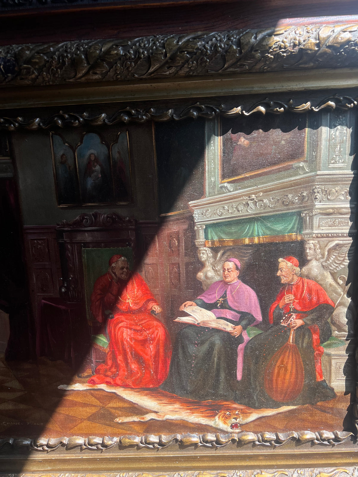 Emanuel Fiala (Austrian, b. 1892) Oil Painting of Cardinals in Renaissance Interior, Monumental Gilt Frame