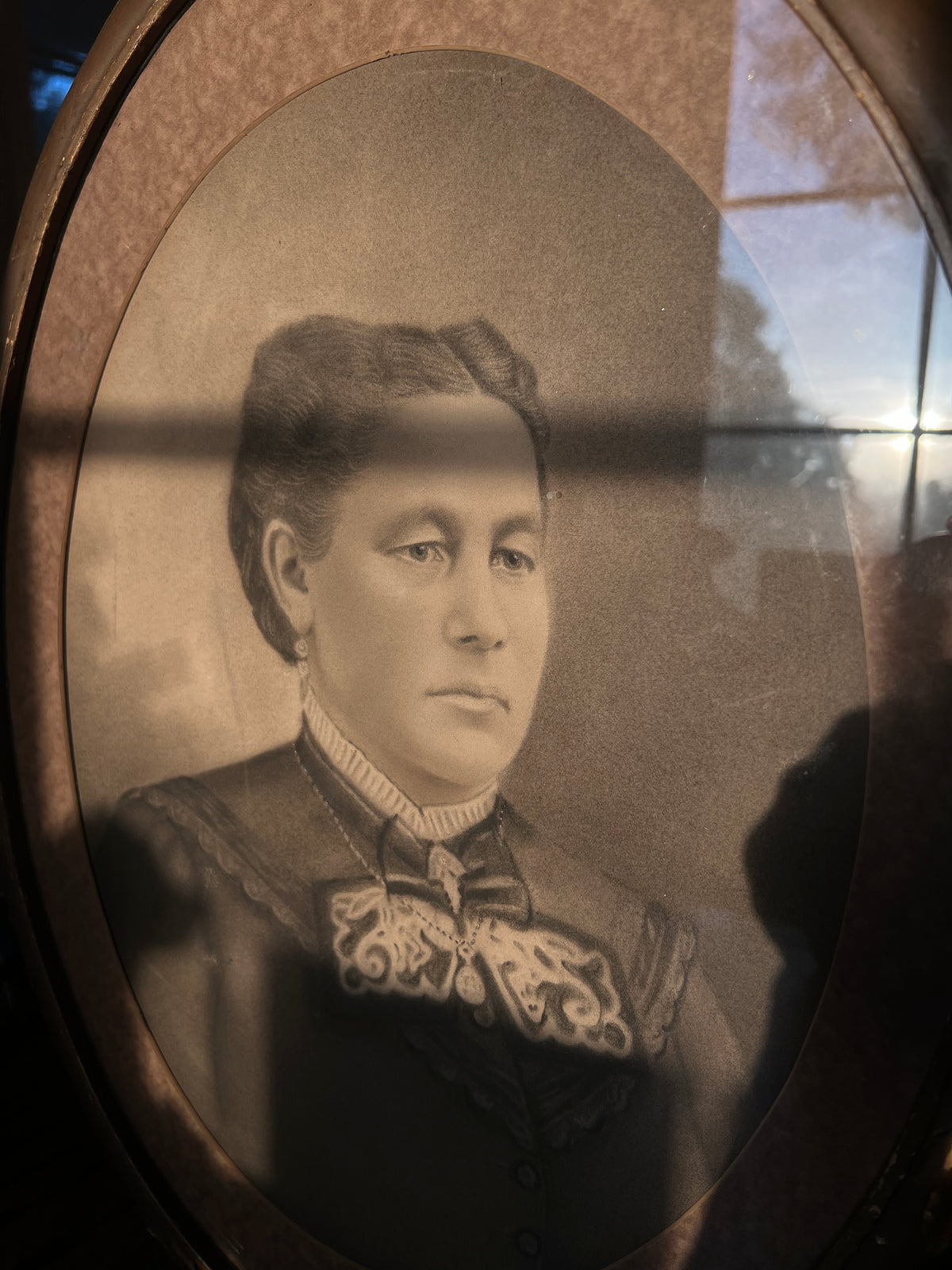 Antique late 19th-century graphite pencil portrait of a Victorian lady housed in wooden frame