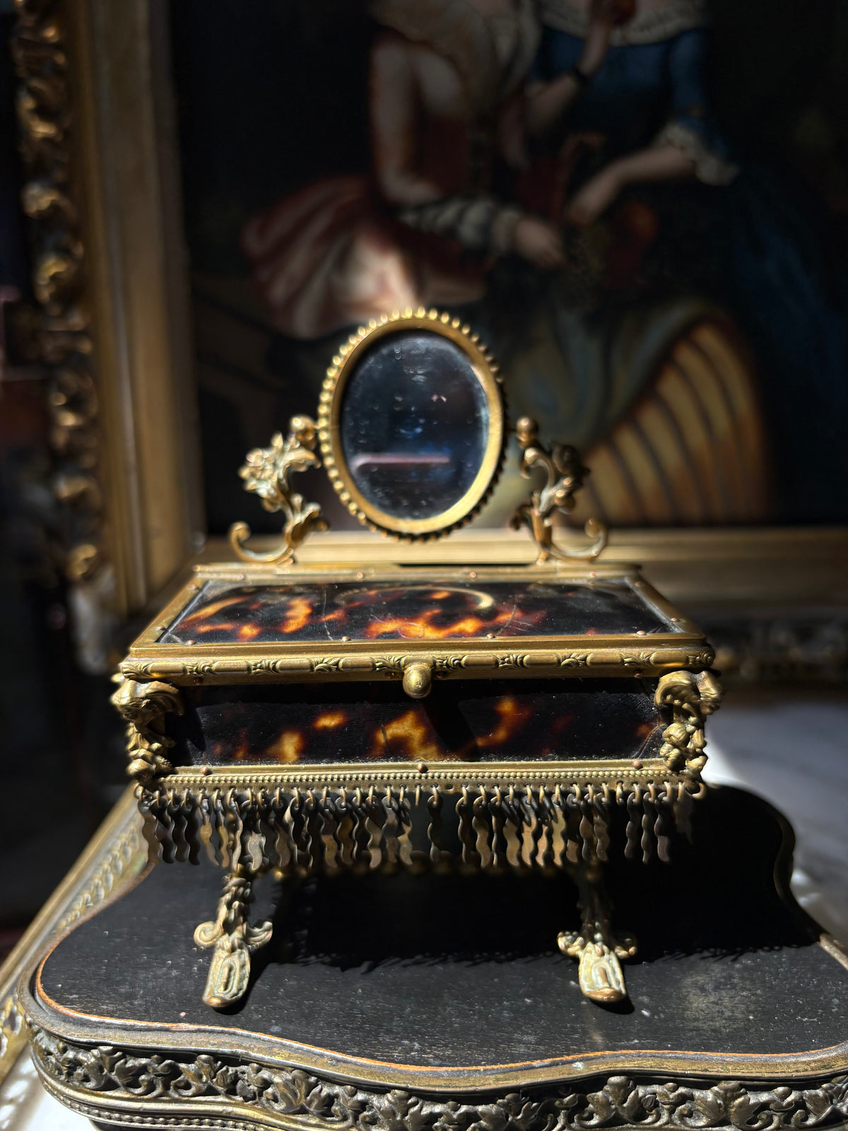 Antique French Napoleon III Tortoiseshell Jewelry
Casket with Miniature Vanity Mirror, Circa 1870-1880