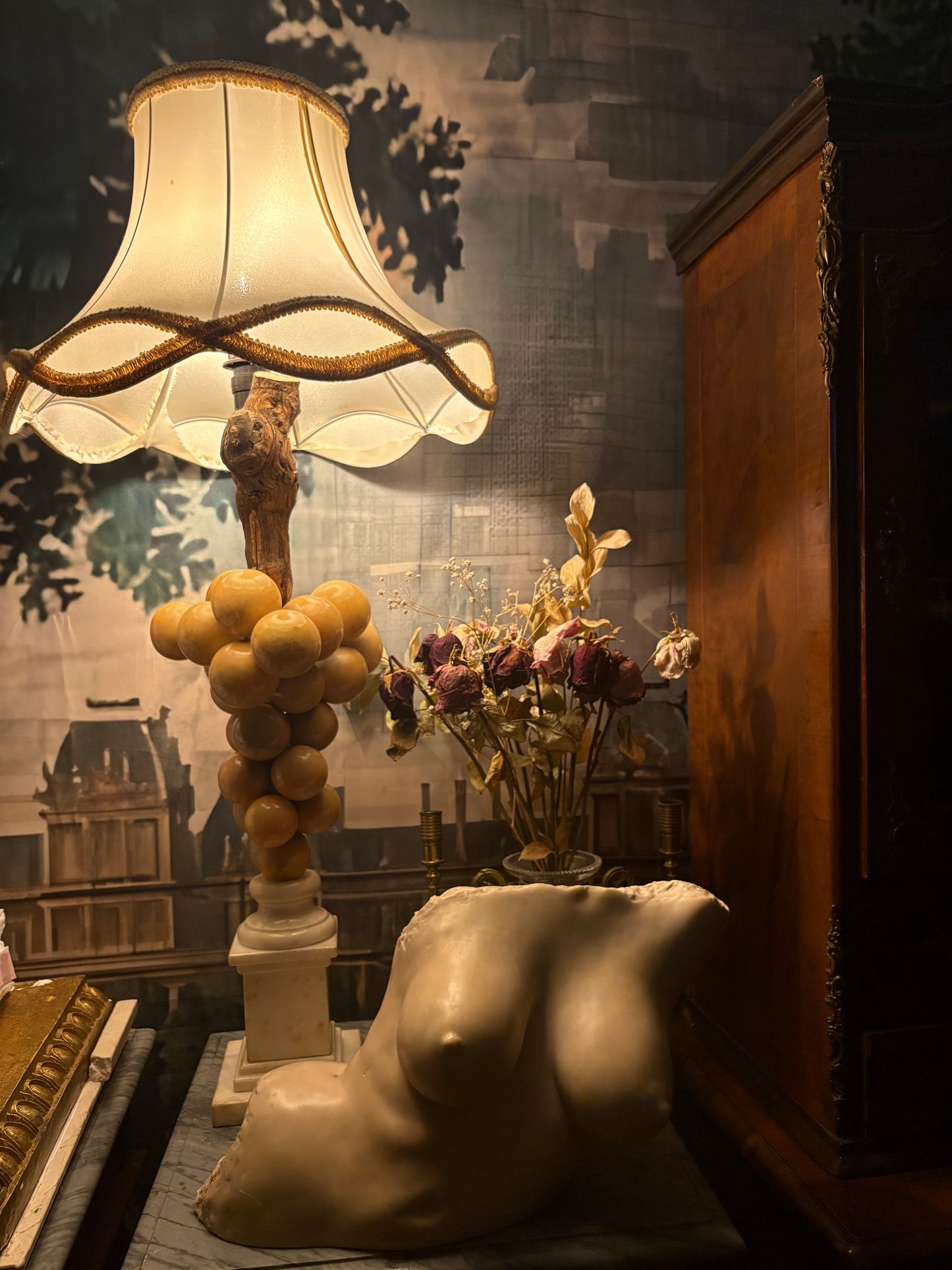 Carved Alabaster Grape Cluster Table Lamp with
Marble Base & Faux Bois Stem shade included
