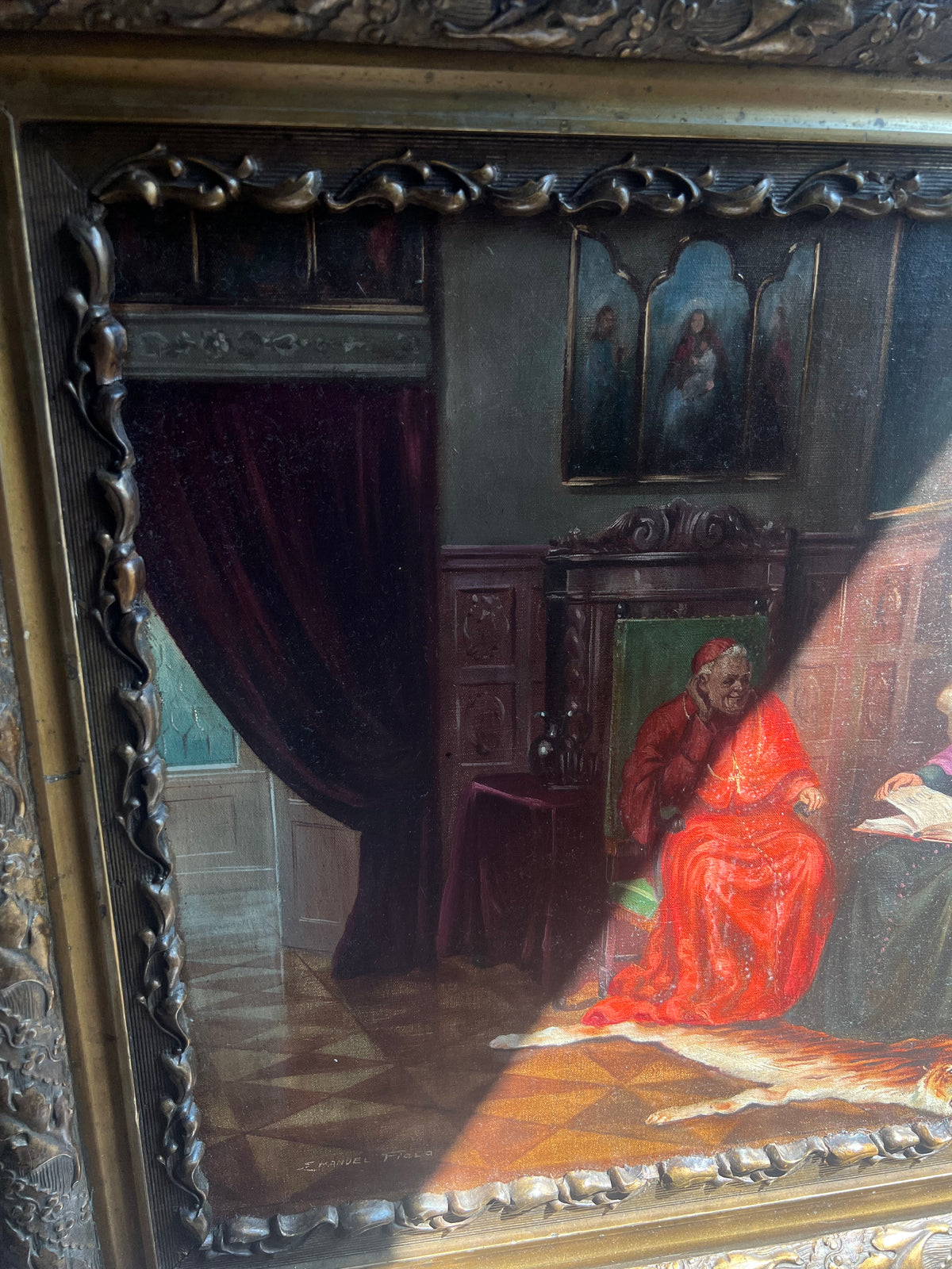 Emanuel Fiala (Austrian, b. 1892) Oil Painting of Cardinals in Renaissance Interior, Monumental Gilt Frame
