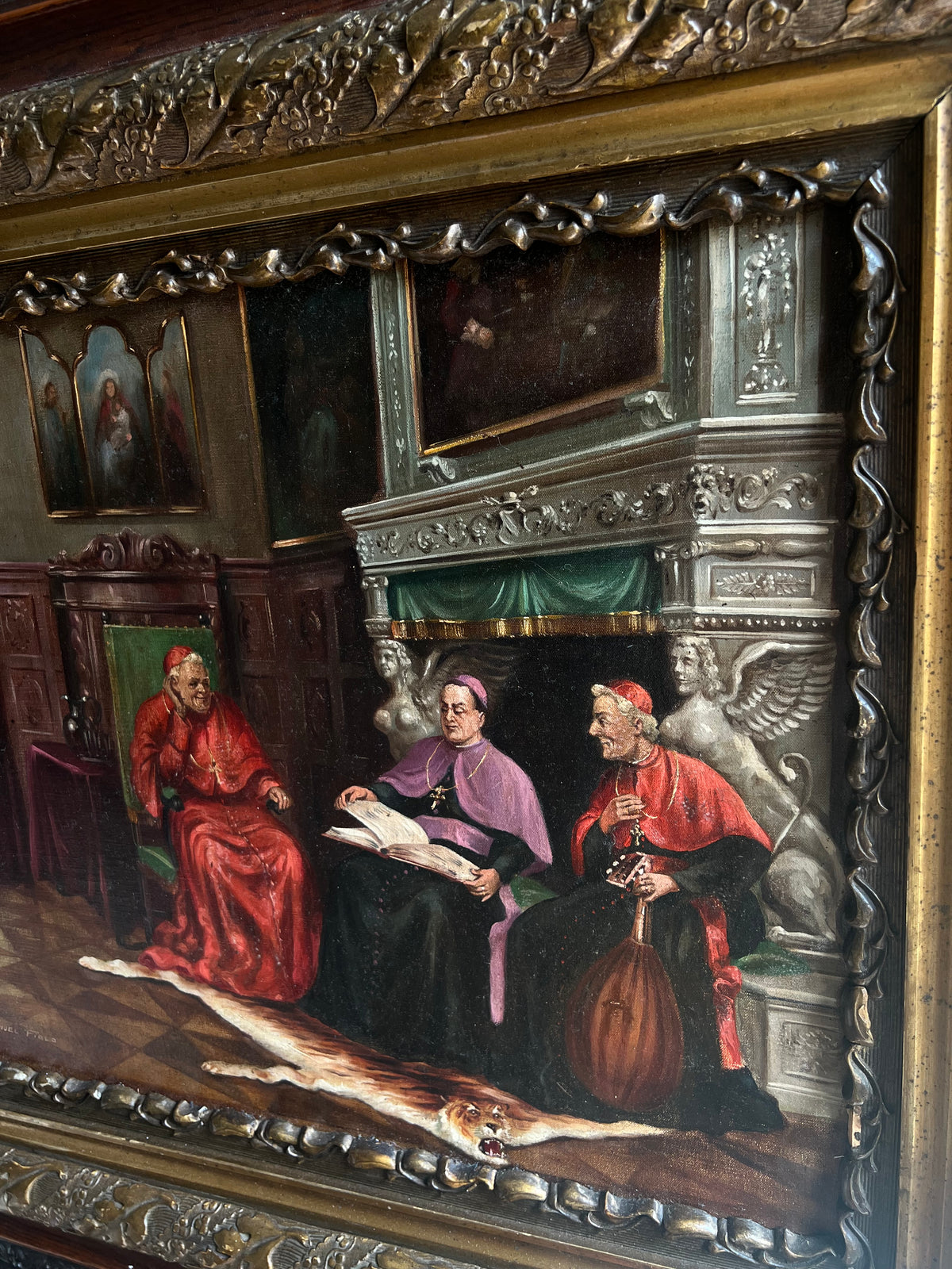 Emanuel Fiala (Austrian, b. 1892) Oil Painting of Cardinals in Renaissance Interior, Monumental Gilt Frame