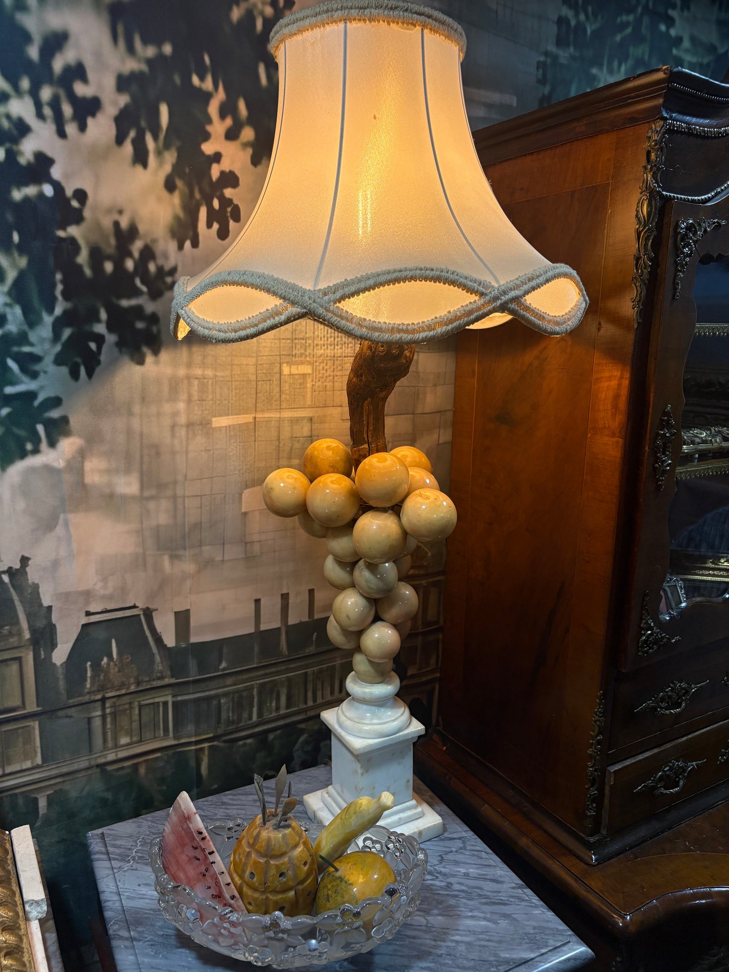 Carved Alabaster Grape Cluster Table Lamp with
Marble Base & Faux Bois Stem shade included
