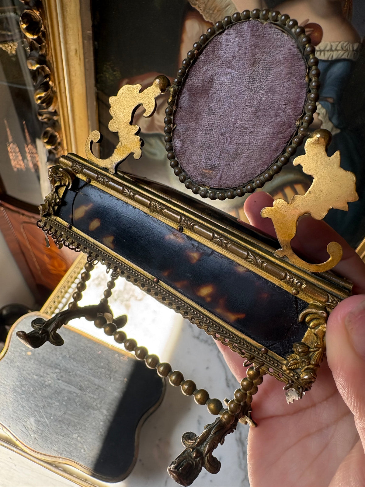 Antique French Napoleon III Tortoiseshell Jewelry
Casket with Miniature Vanity Mirror, Circa 1870-1880