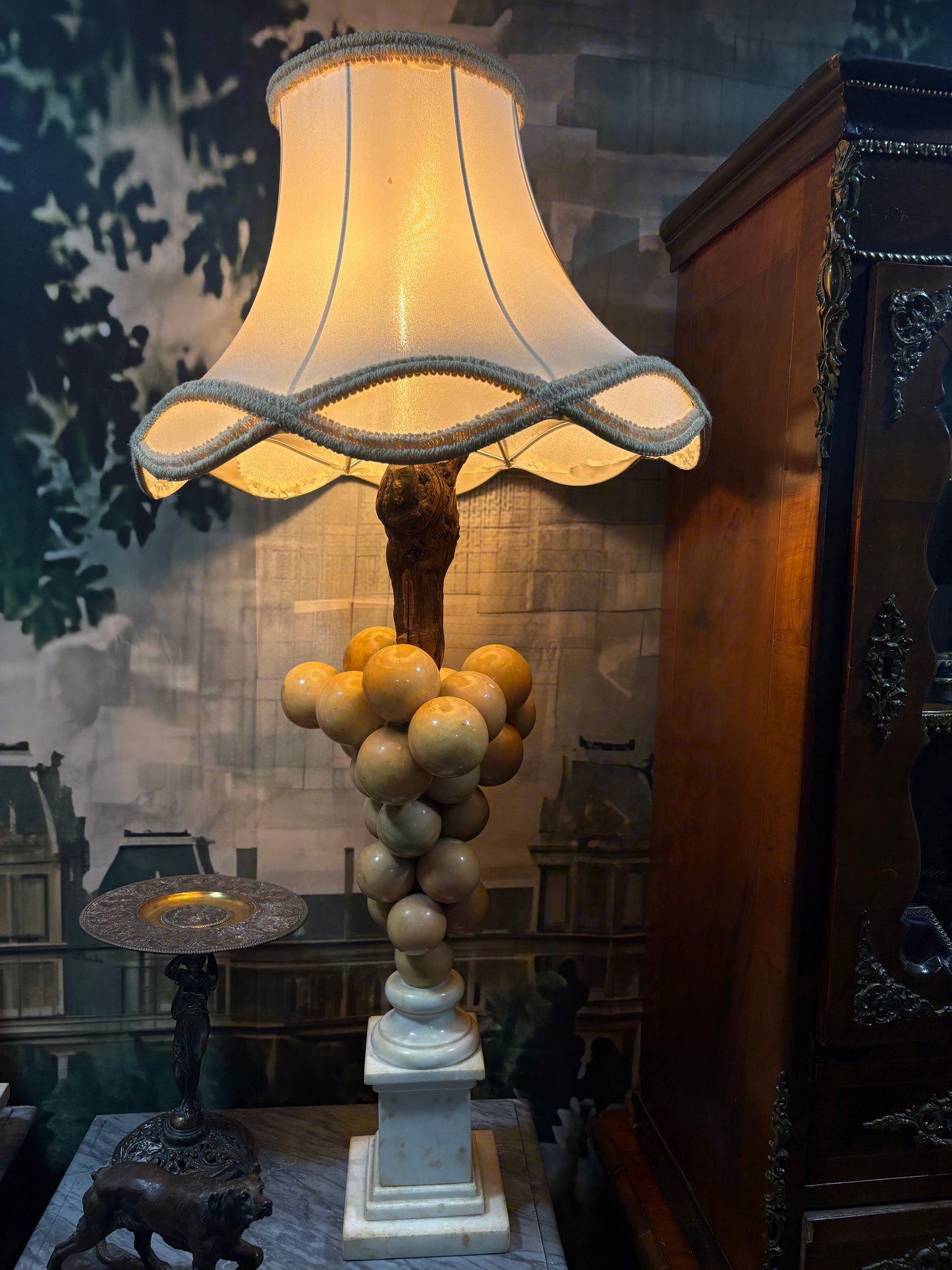 Carved Alabaster Grape Cluster Table Lamp with
Marble Base & Faux Bois Stem shade included