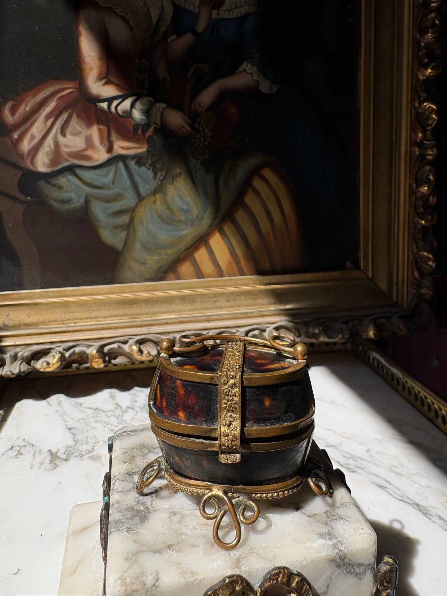 Antique miniature Tortoiseshell Bucket-Form Casket with Gilt Bronze Mounts