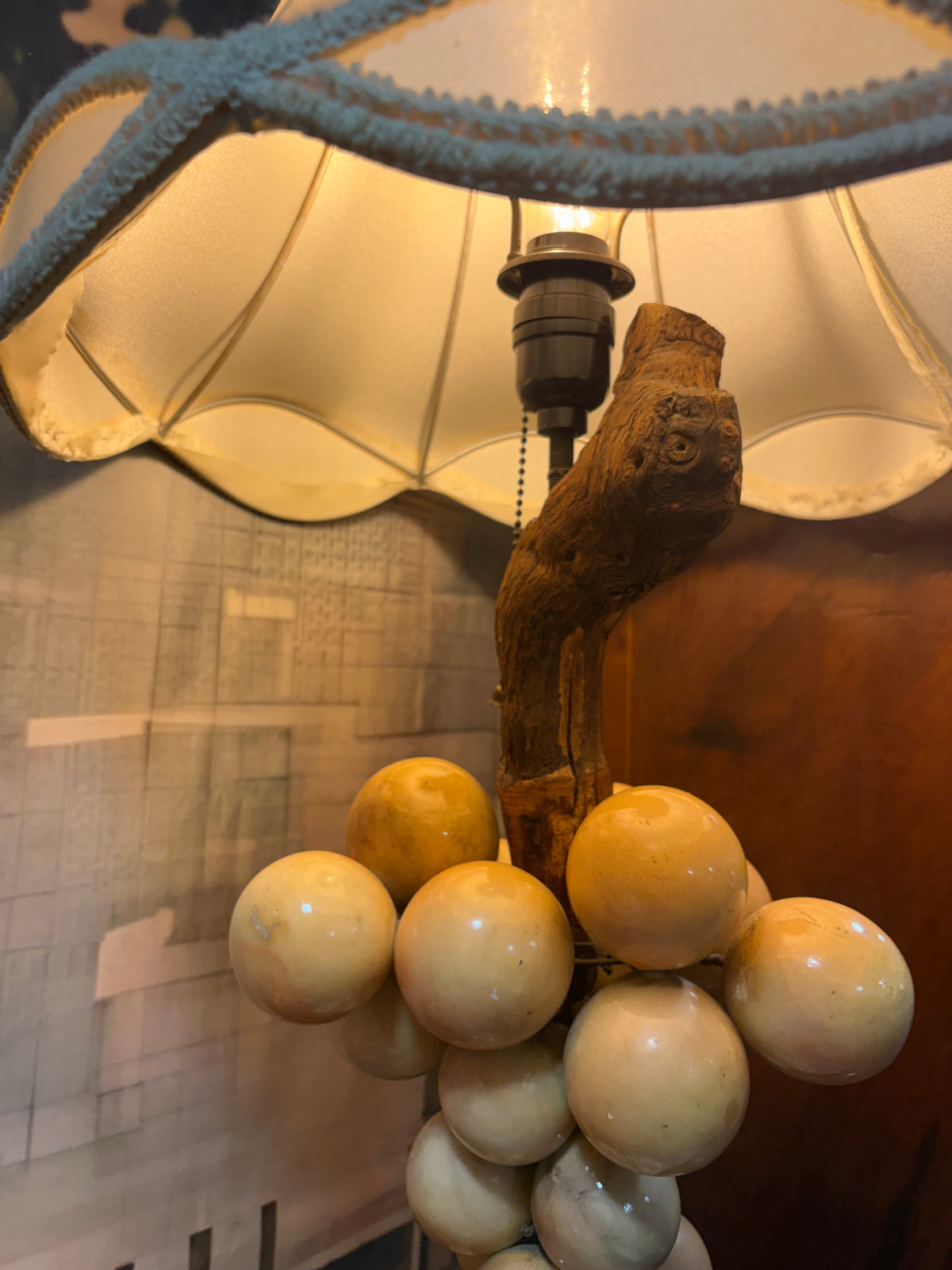 Carved Alabaster Grape Cluster Table Lamp with
Marble Base & Faux Bois Stem shade included