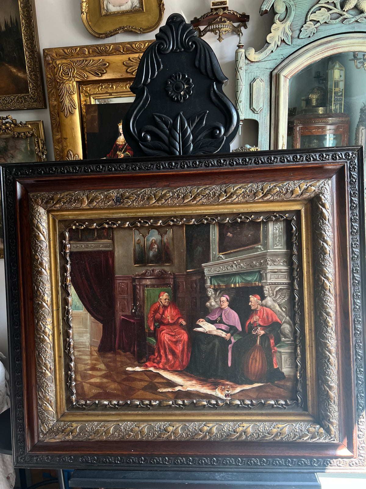 Emanuel Fiala (Austrian, b. 1892) Oil Painting of Cardinals in Renaissance Interior, Monumental Gilt Frame