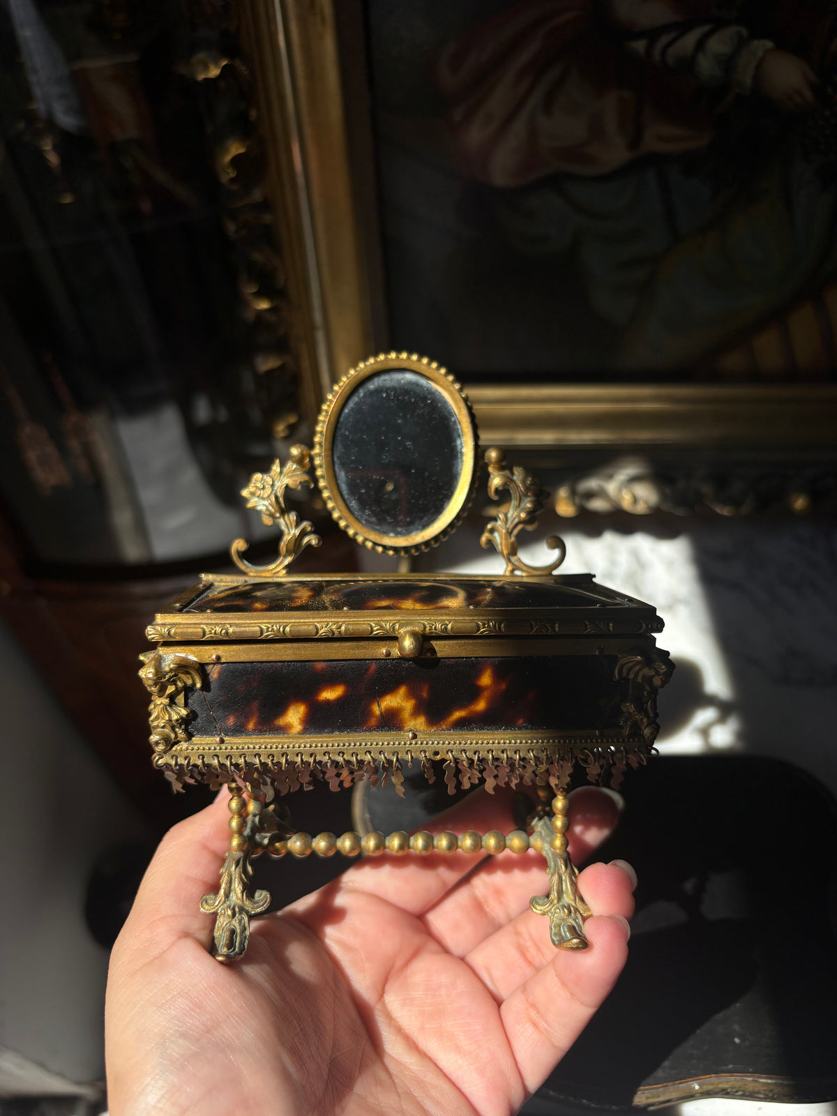 Antique French Napoleon III Tortoiseshell Jewelry
Casket with Miniature Vanity Mirror, Circa 1870-1880