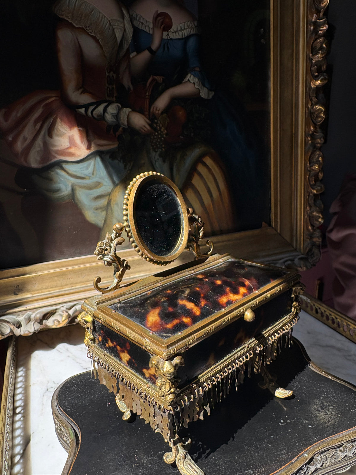 Antique French Napoleon III Tortoiseshell Jewelry
Casket with Miniature Vanity Mirror, Circa 1870-1880