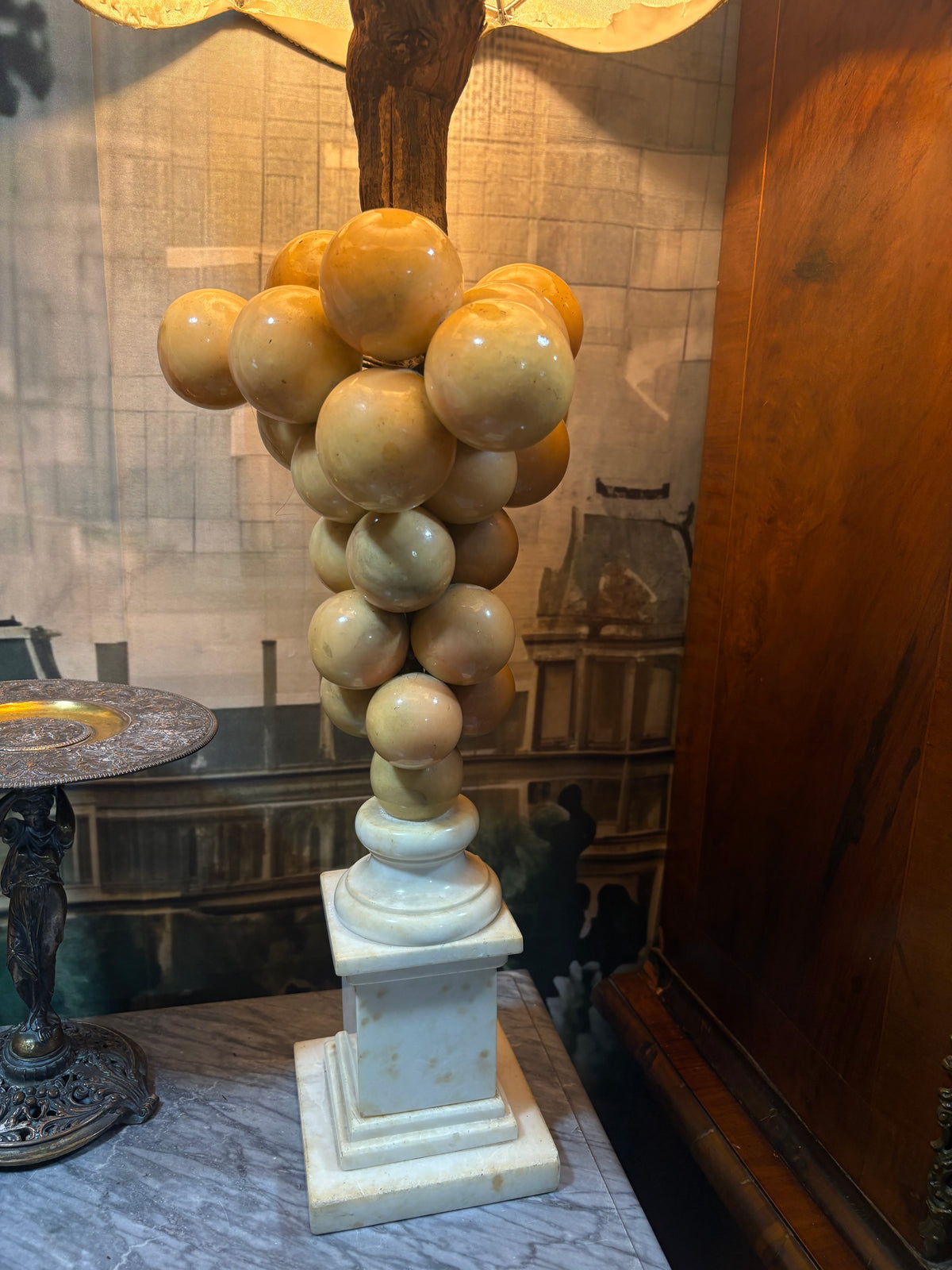 Carved Alabaster Grape Cluster Table Lamp with
Marble Base & Faux Bois Stem shade included