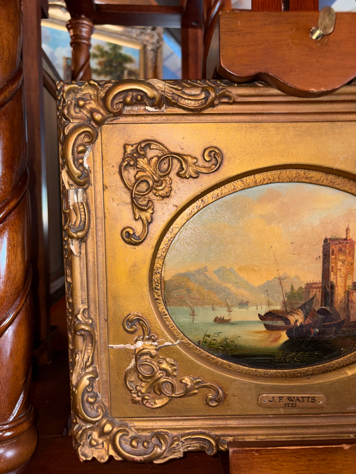 Antique Oil Painting “Scene on the Rhine” – J. F. Watts, Inscribed 1721, Ornate Gilt Frame