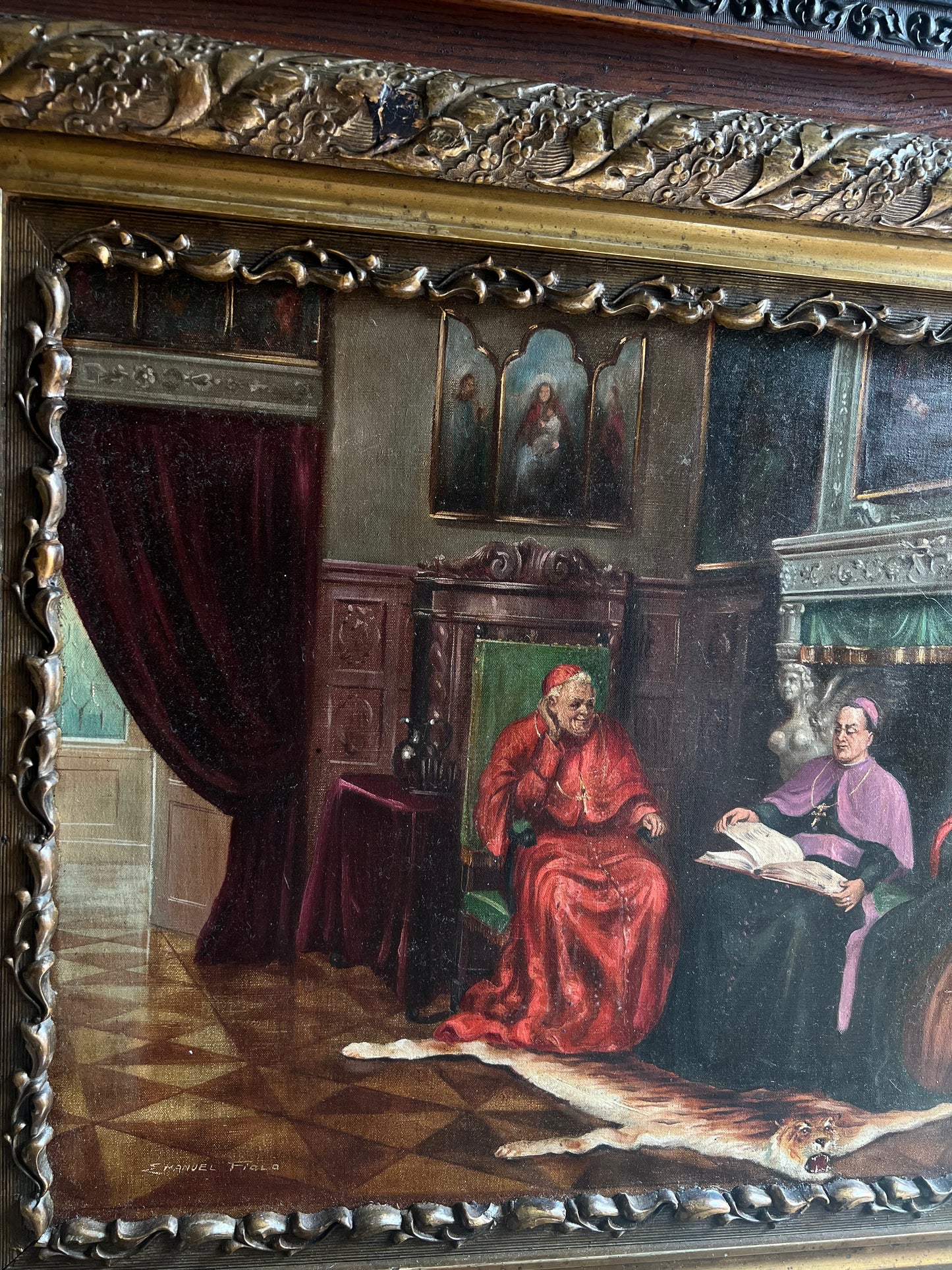 Emanuel Fiala (Austrian, b. 1892) Oil Painting of Cardinals in Renaissance Interior, Monumental Gilt Frame