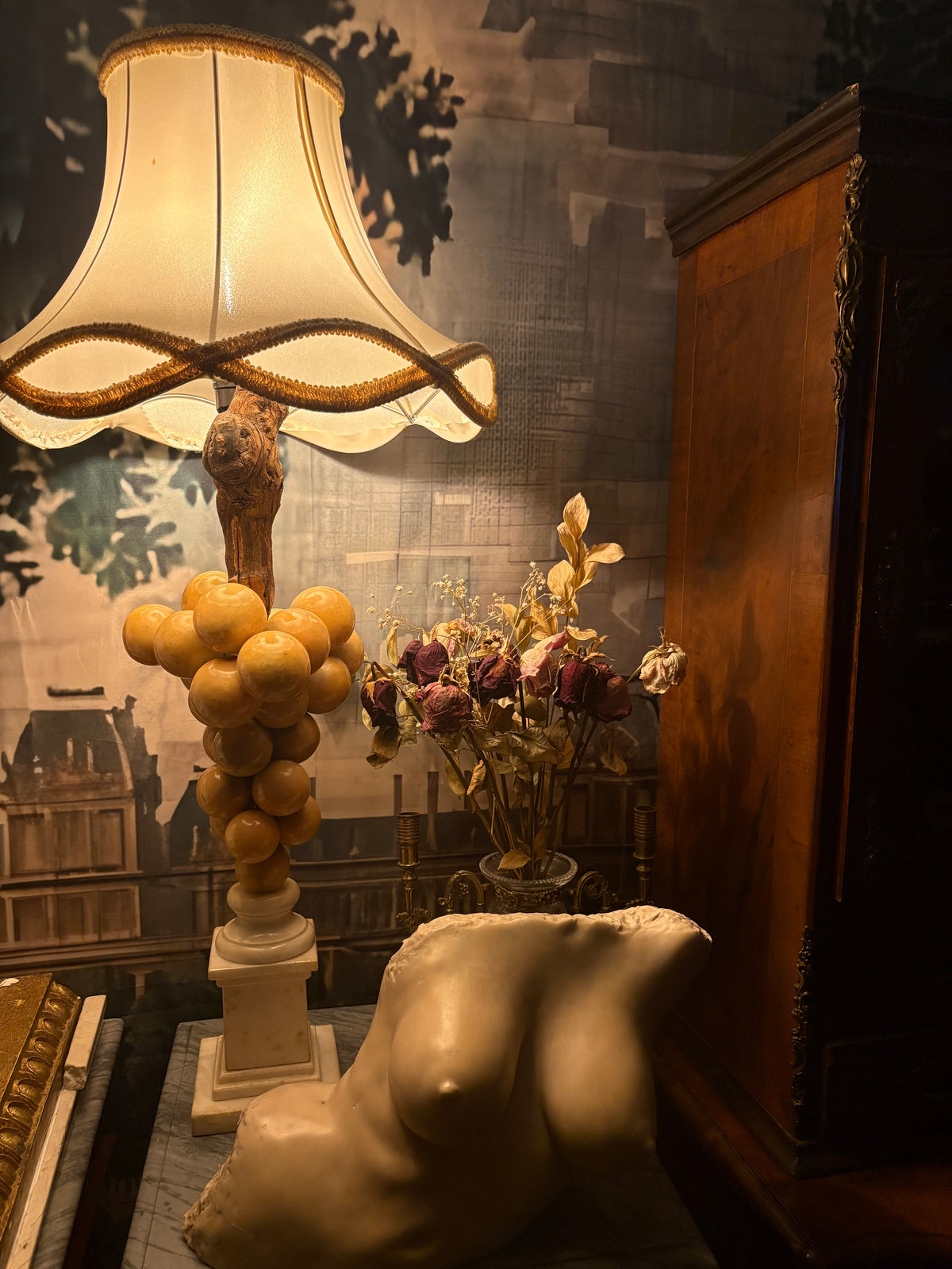 Carved Alabaster Grape Cluster Table Lamp with
Marble Base & Faux Bois Stem shade included