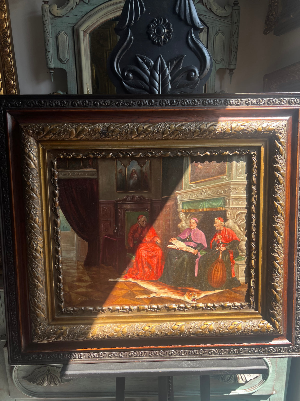 Emanuel Fiala (Austrian, b. 1892) Oil Painting of Cardinals in Renaissance Interior, Monumental Gilt Frame