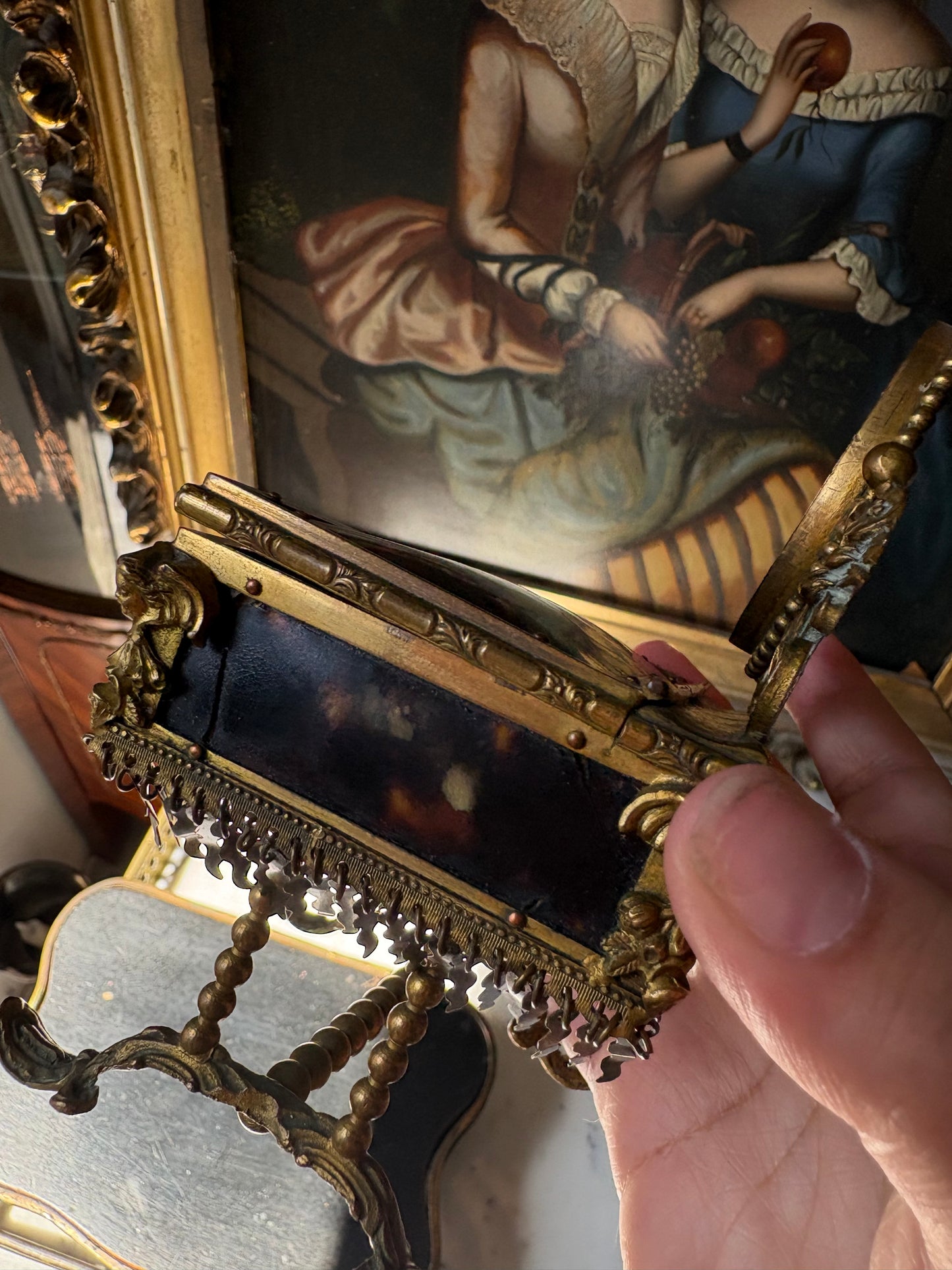 Antique French Napoleon III Tortoiseshell Jewelry
Casket with Miniature Vanity Mirror, Circa 1870-1880