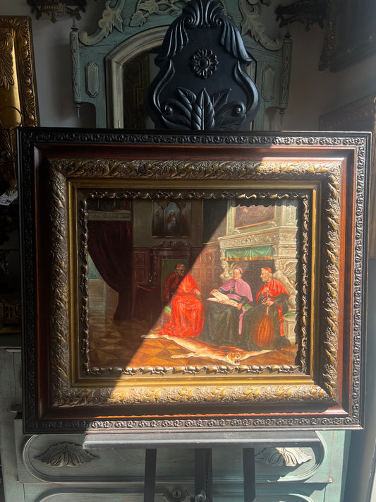 Emanuel Fiala (Austrian, b. 1892) Oil Painting of Cardinals in Renaissance Interior, Monumental Gilt Frame