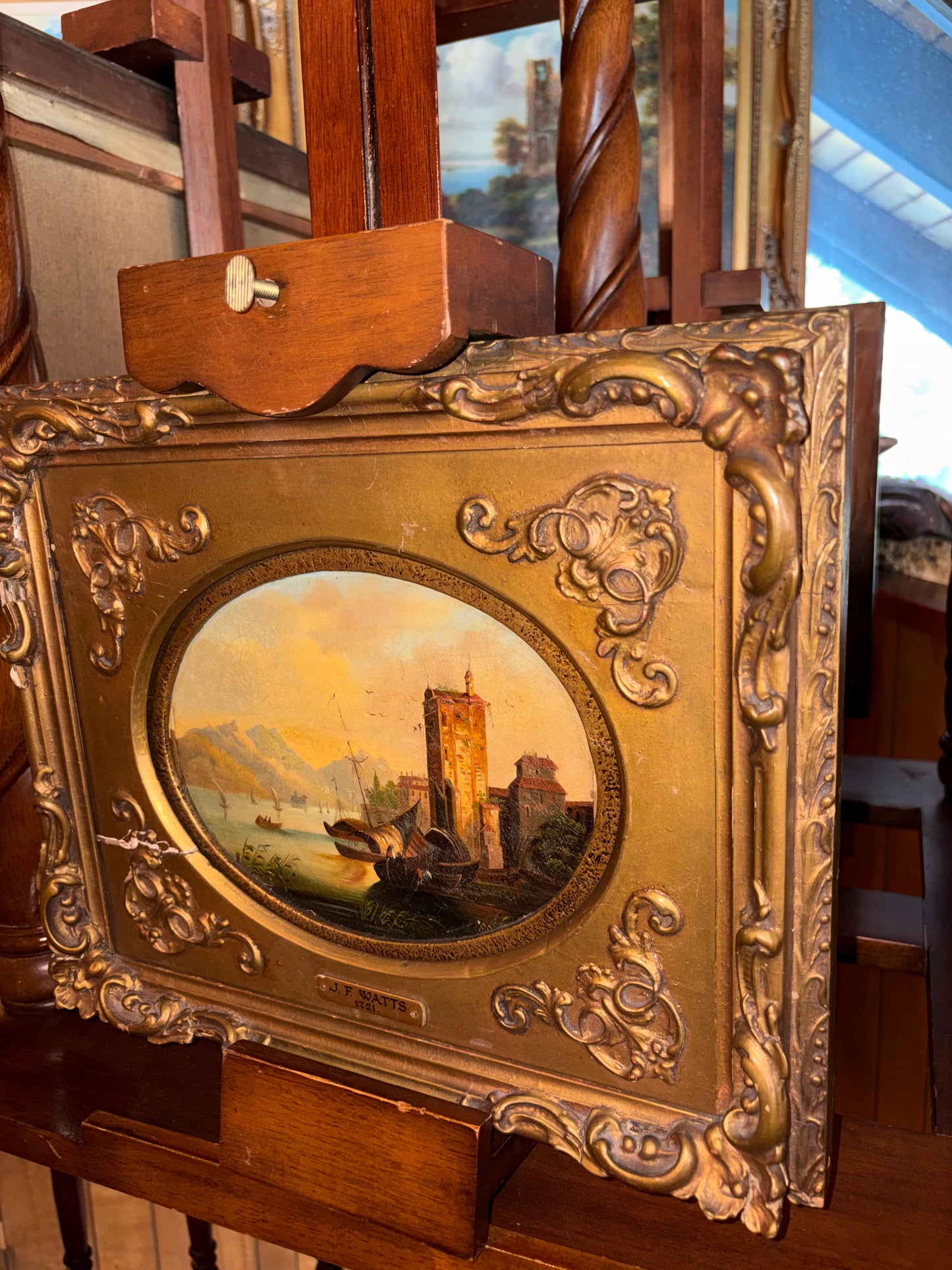 Antique Oil Painting “Scene on the Rhine” – J. F. Watts, Inscribed 1721, Ornate Gilt Frame