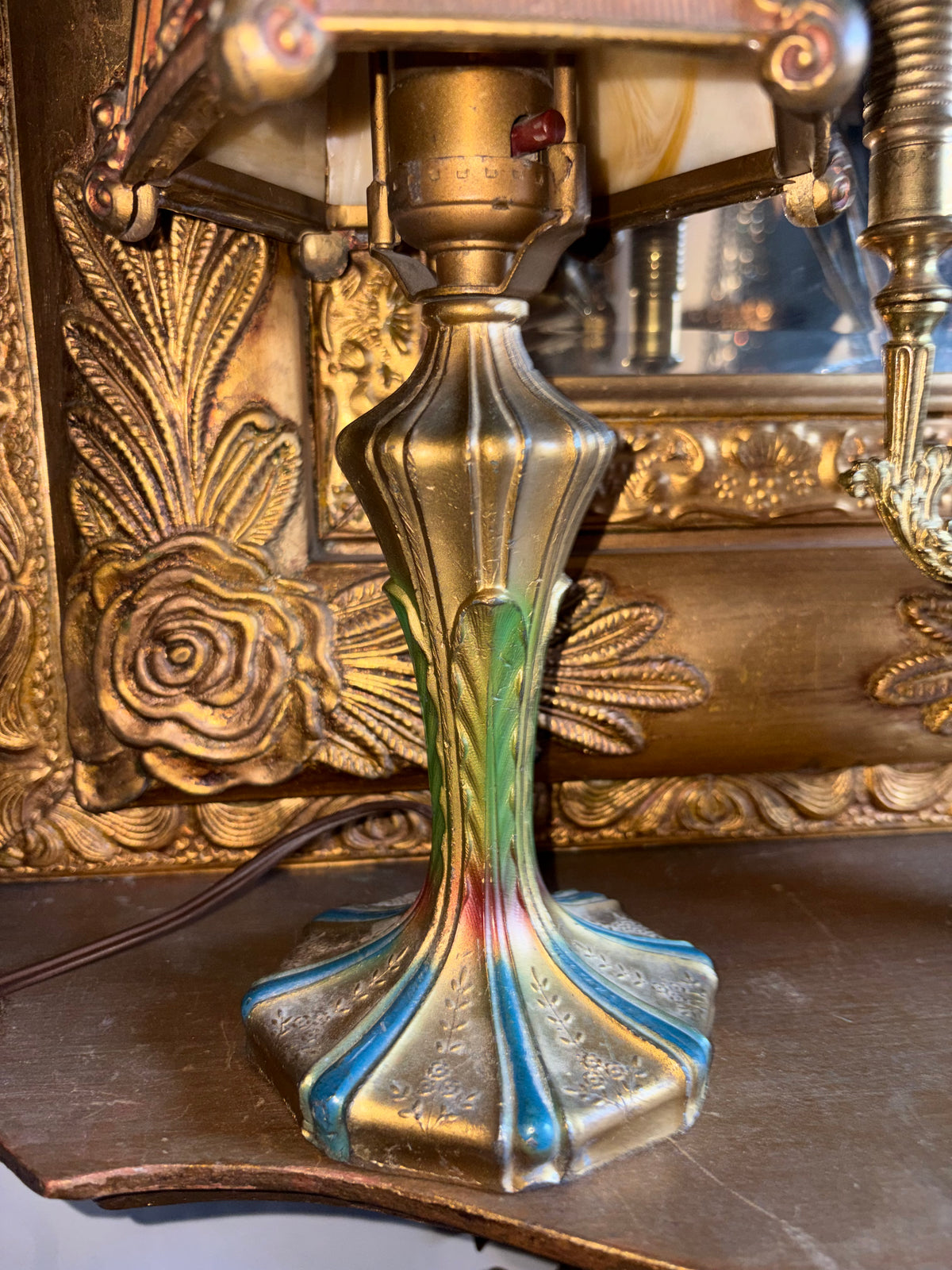 Art Nouveau style jeweled table lamp with slag glass and Ram head Motifs