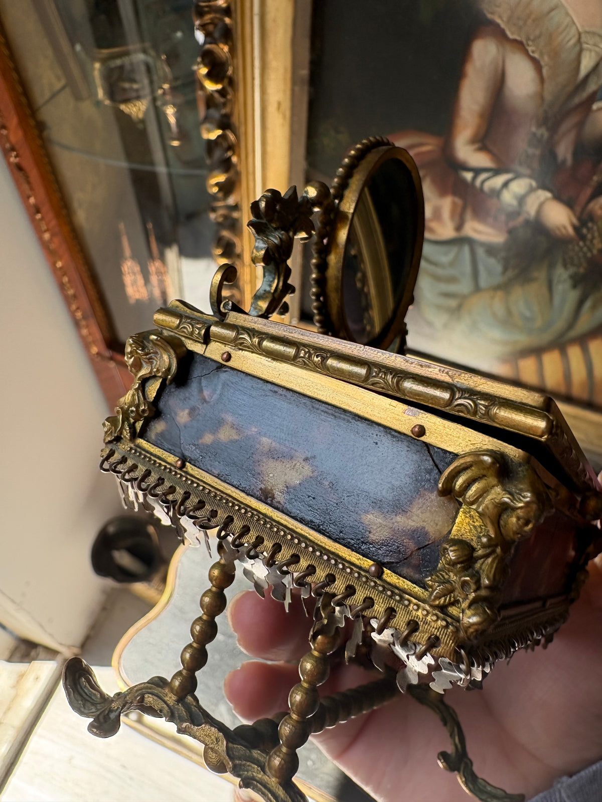 Antique French Napoleon III Tortoiseshell Jewelry
Casket with Miniature Vanity Mirror, Circa 1870-1880