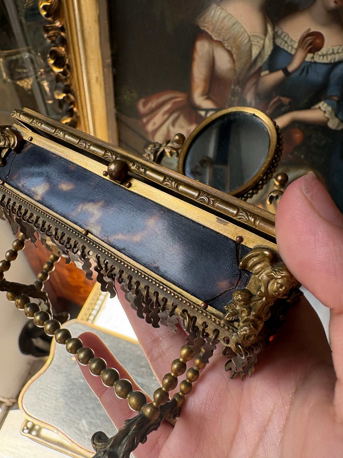 Antique French Napoleon III Tortoiseshell Jewelry
Casket with Miniature Vanity Mirror, Circa 1870-1880