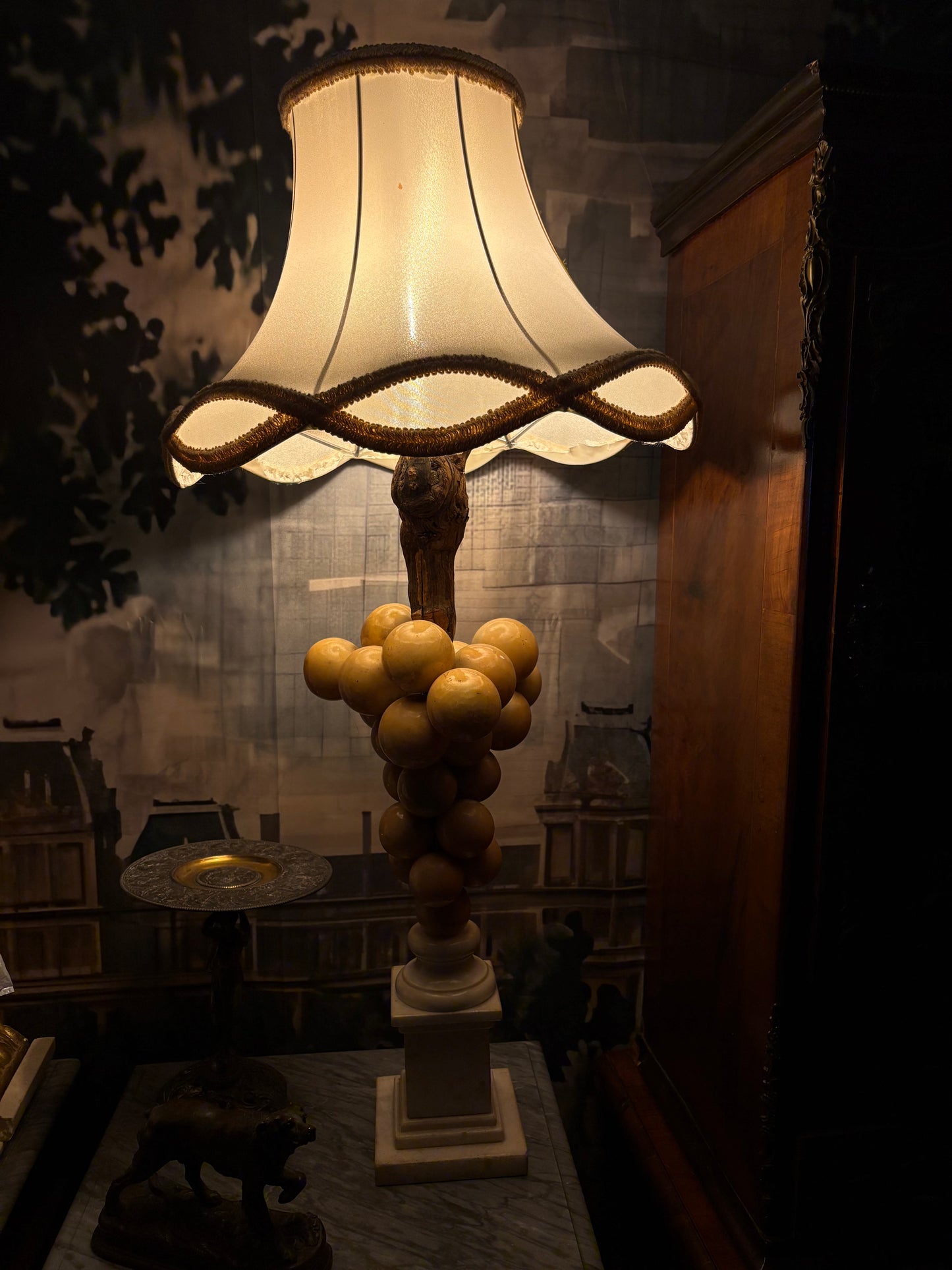 Carved Alabaster Grape Cluster Table Lamp with
Marble Base & Faux Bois Stem shade included