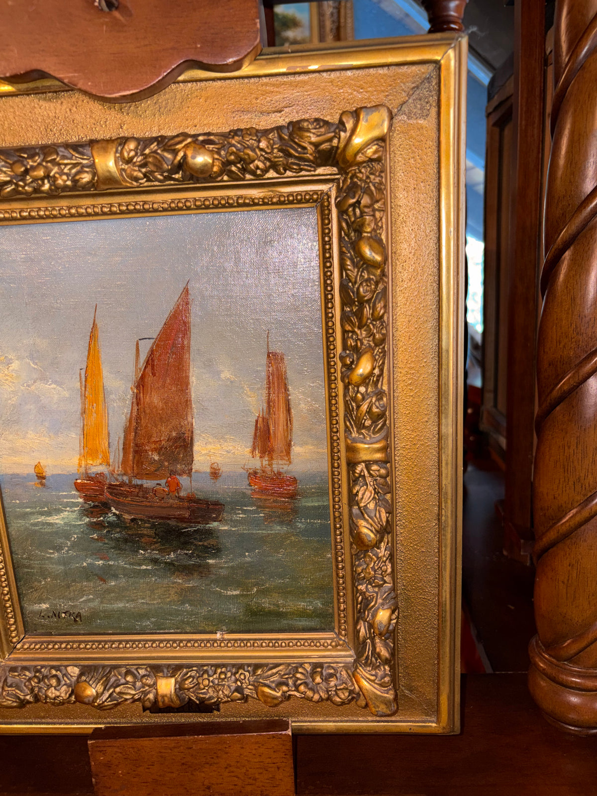 Antique Maritime Oil Painting of Sailboats in Ornate Gilt Frame