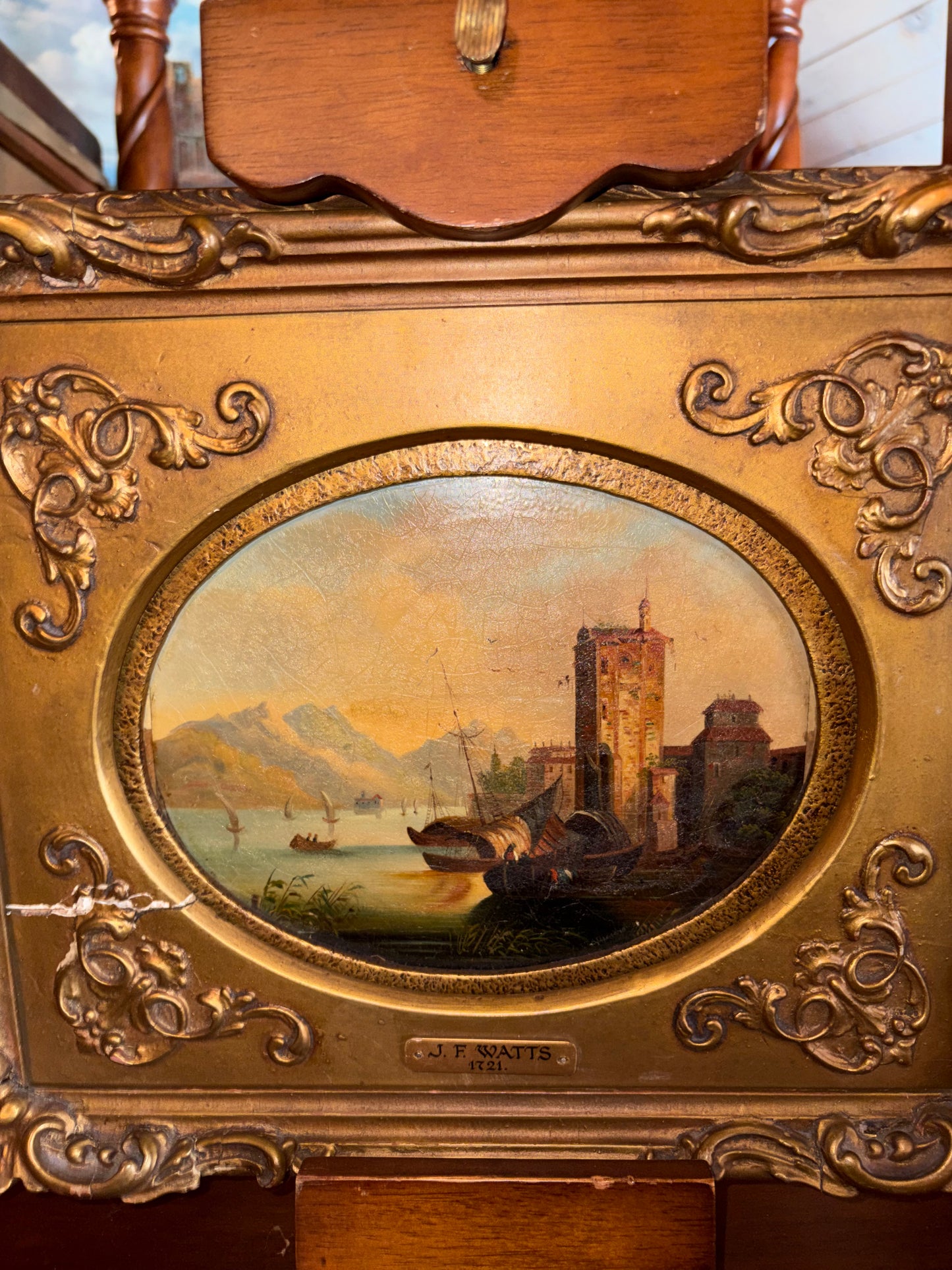 Antique Oil Painting “Scene on the Rhine” – J. F. Watts, Inscribed 1721, Ornate Gilt Frame