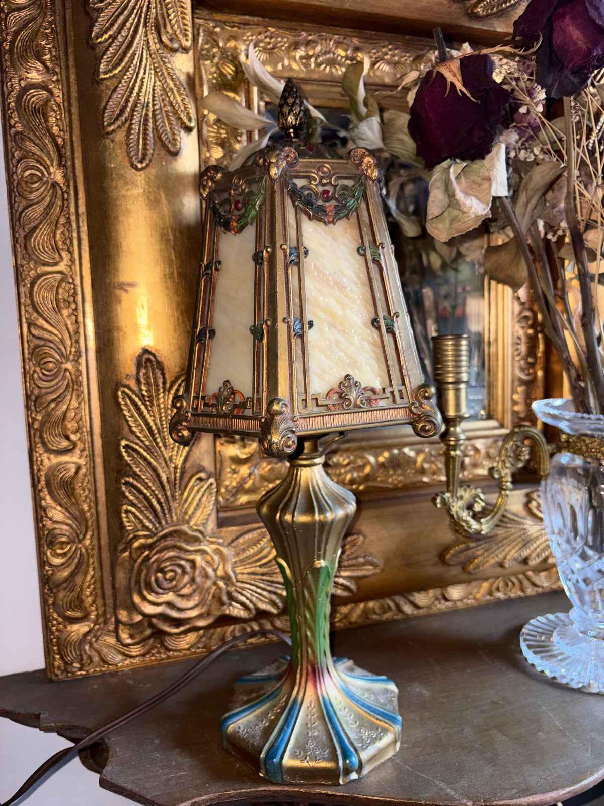 Art Nouveau style jeweled table lamp with slag glass and Ram head Motifs