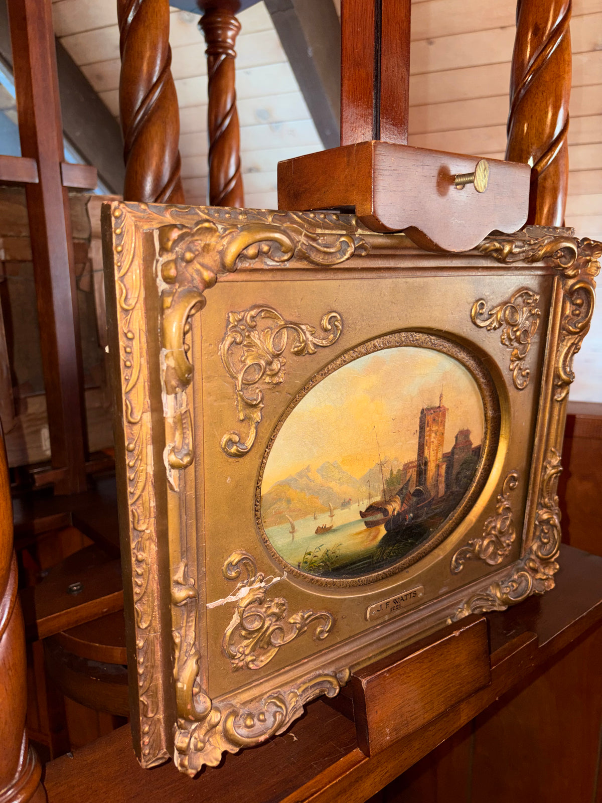 Antique Oil Painting “Scene on the Rhine” – J. F. Watts, Inscribed 1721, Ornate Gilt Frame