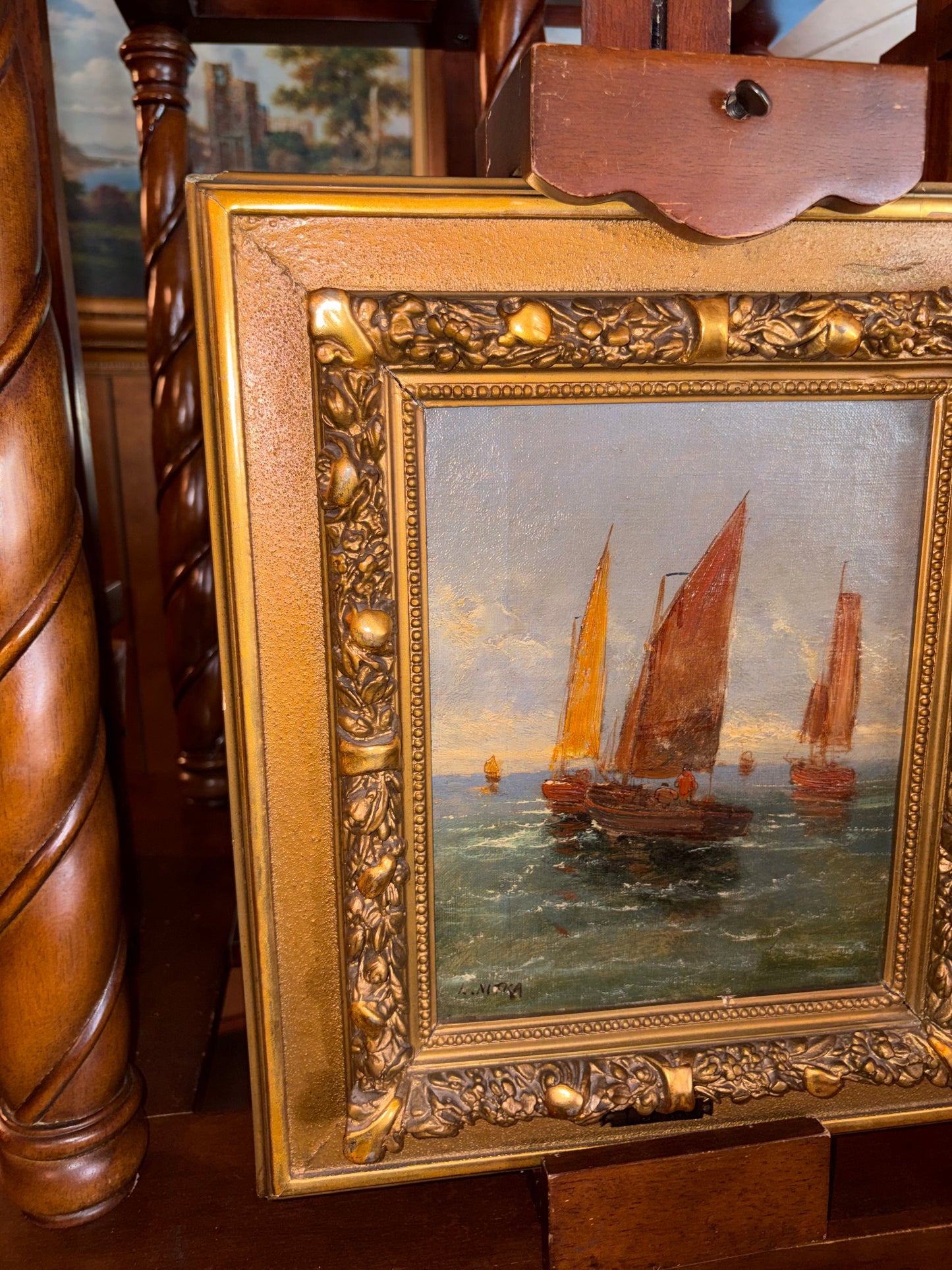 Antique Maritime Oil Painting of Sailboats in Ornate Gilt Frame