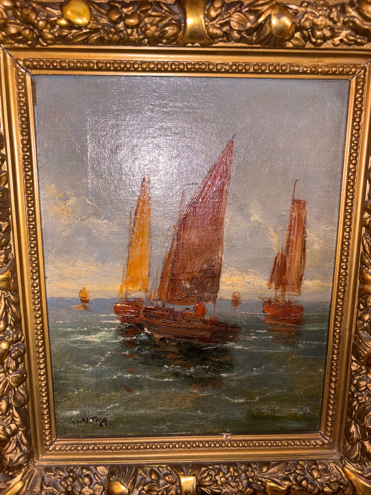Antique Maritime Oil Painting of Sailboats in Ornate Gilt Frame