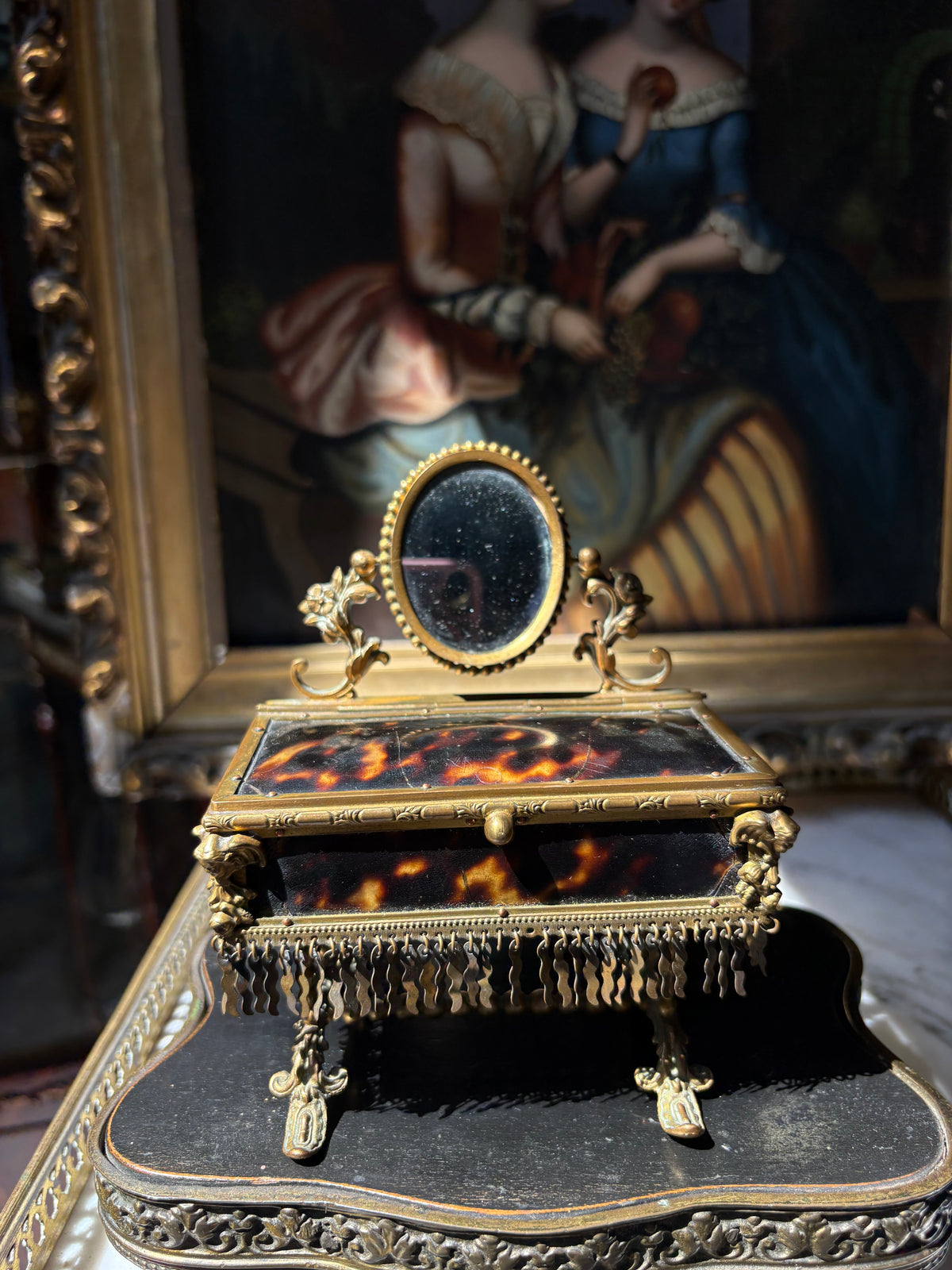 Antique French Napoleon III Tortoiseshell Jewelry
Casket with Miniature Vanity Mirror, Circa 1870-1880