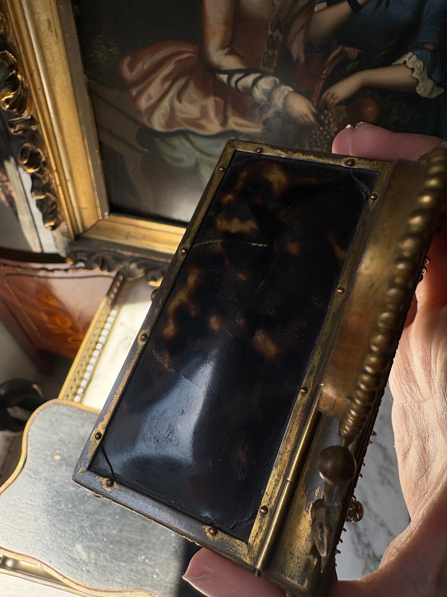 Antique French Napoleon III Tortoiseshell Jewelry
Casket with Miniature Vanity Mirror, Circa 1870-1880
