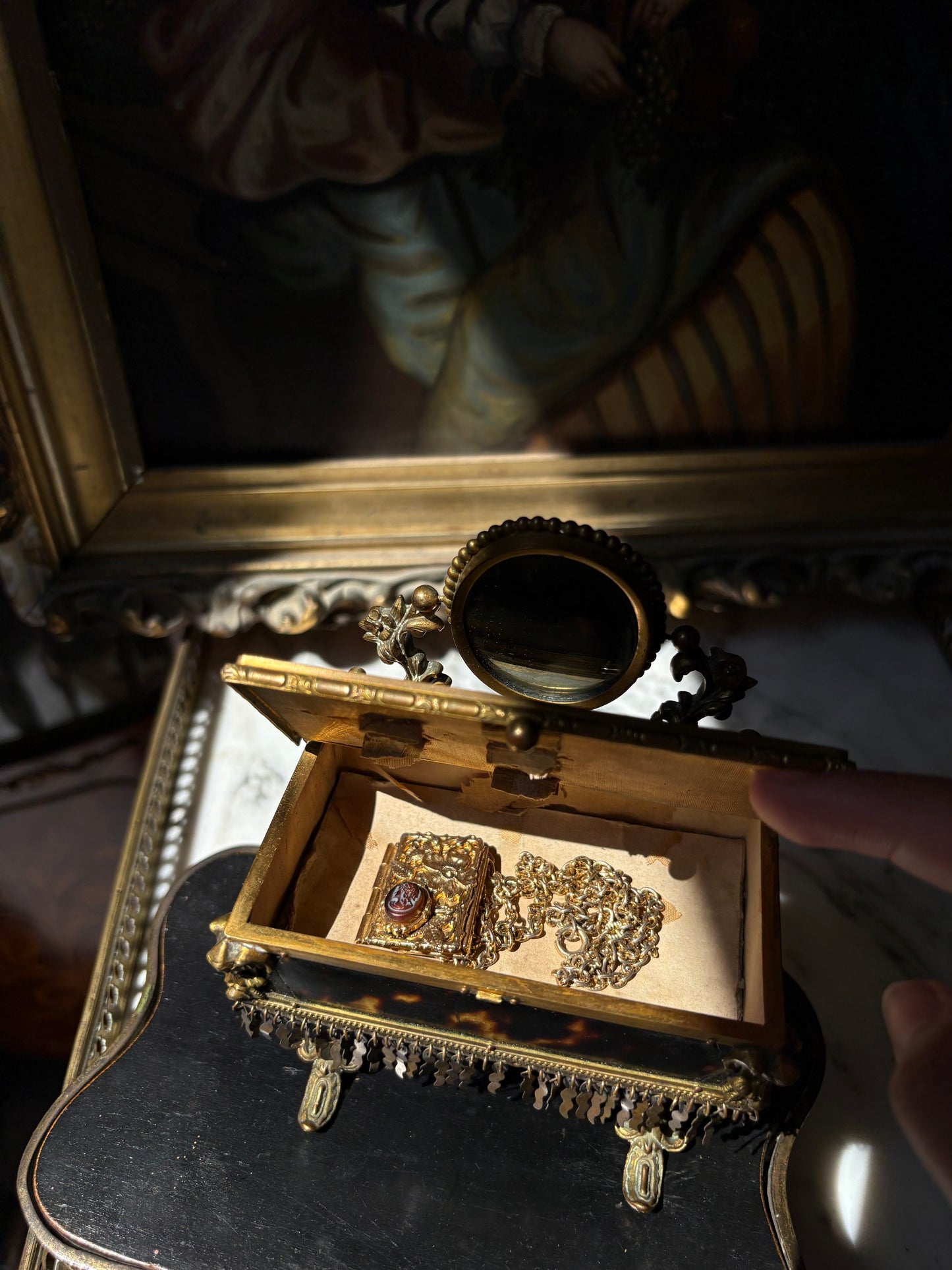 Antique French Napoleon III Tortoiseshell Jewelry
Casket with Miniature Vanity Mirror, Circa 1870-1880