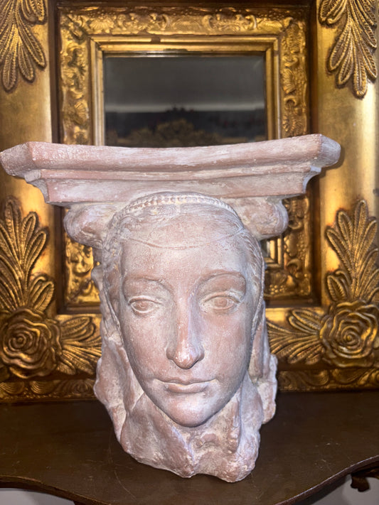 Vintage Goddess Plaster Wall Shelf | Classical Maiden Bust Corbel | Neoclassical Wall Bracket