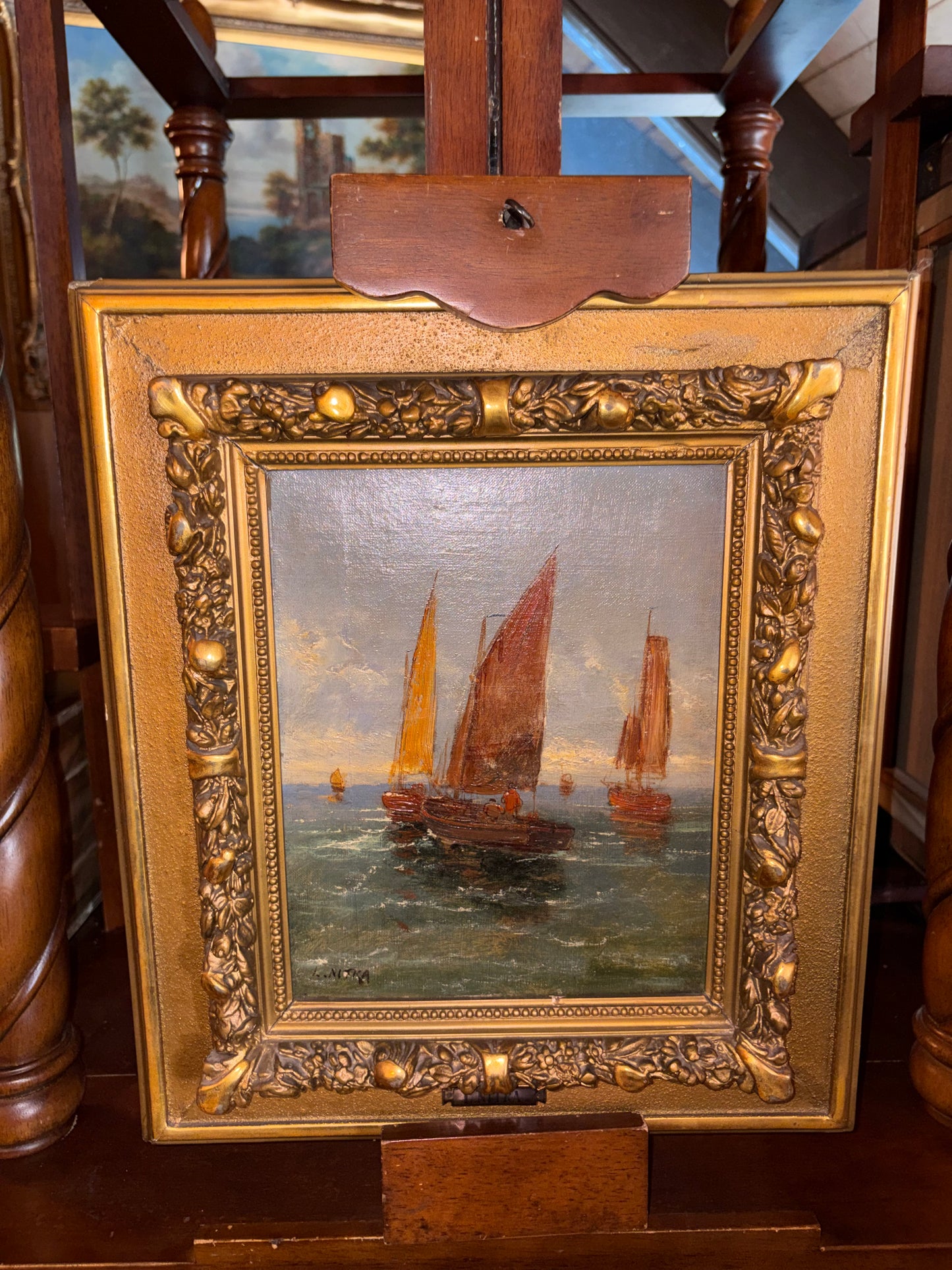 Antique Maritime Oil Painting of Sailboats in Ornate Gilt Frame