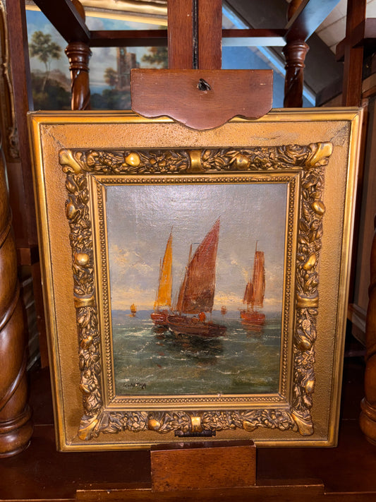Antique Maritime Oil Painting of Sailboats in Ornate Gilt Frame