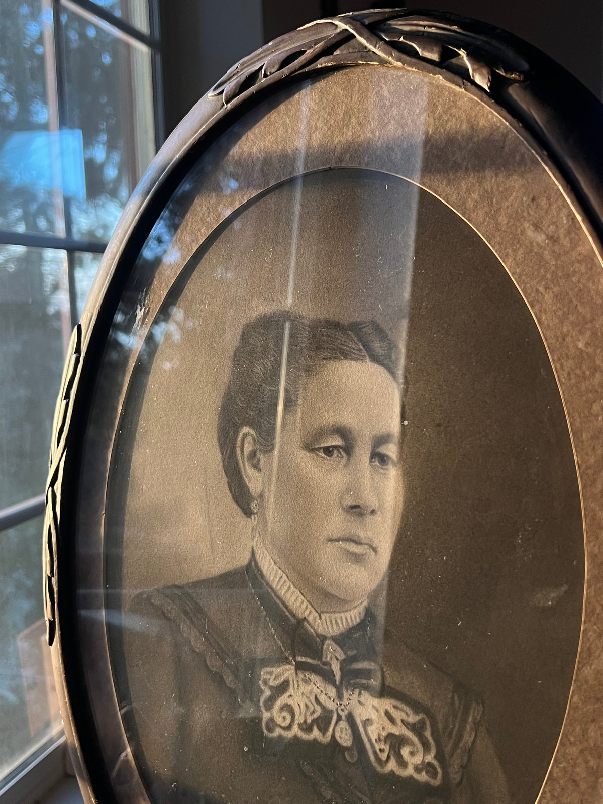 Antique late 19th-century graphite pencil portrait of a Victorian lady housed in wooden frame